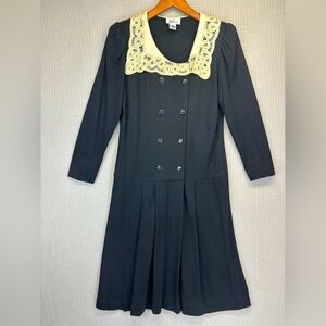 60’s The Kollection By Saks Fifth Avenue 100% Black Wool Pleated Dress Med Lace